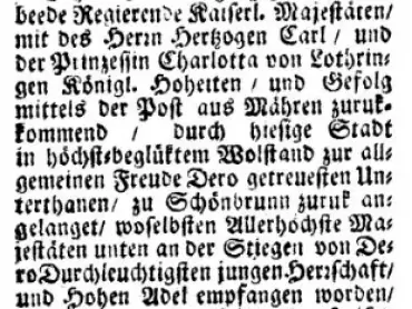 Wienerisches Diarium z 22. června 1748, zpráva o návratu Marie Terezie, císaře Františka I. Lotrinského a jejich doprovodu z Moravy do Schönbrunnu.
